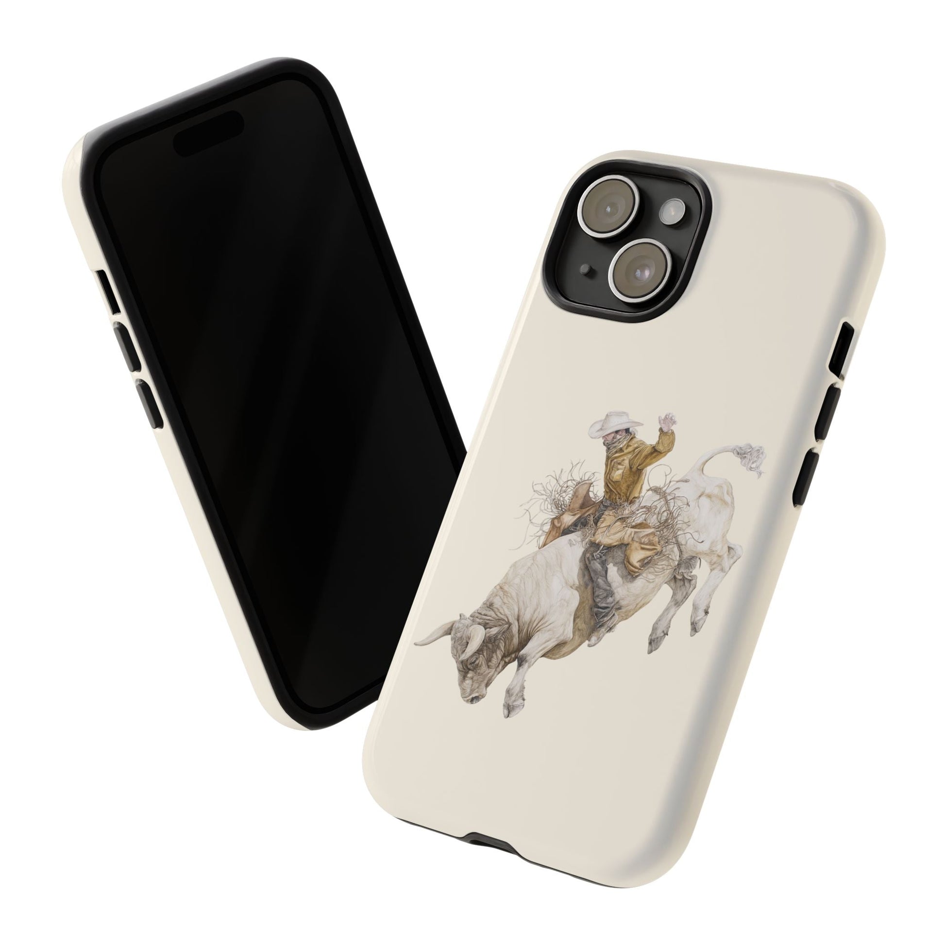 White Bucking Bull Rider Rodeo iPhone Case, 2 Layer Tough Phone Cover, Bull Riding Sport Fan - FlooredByArt