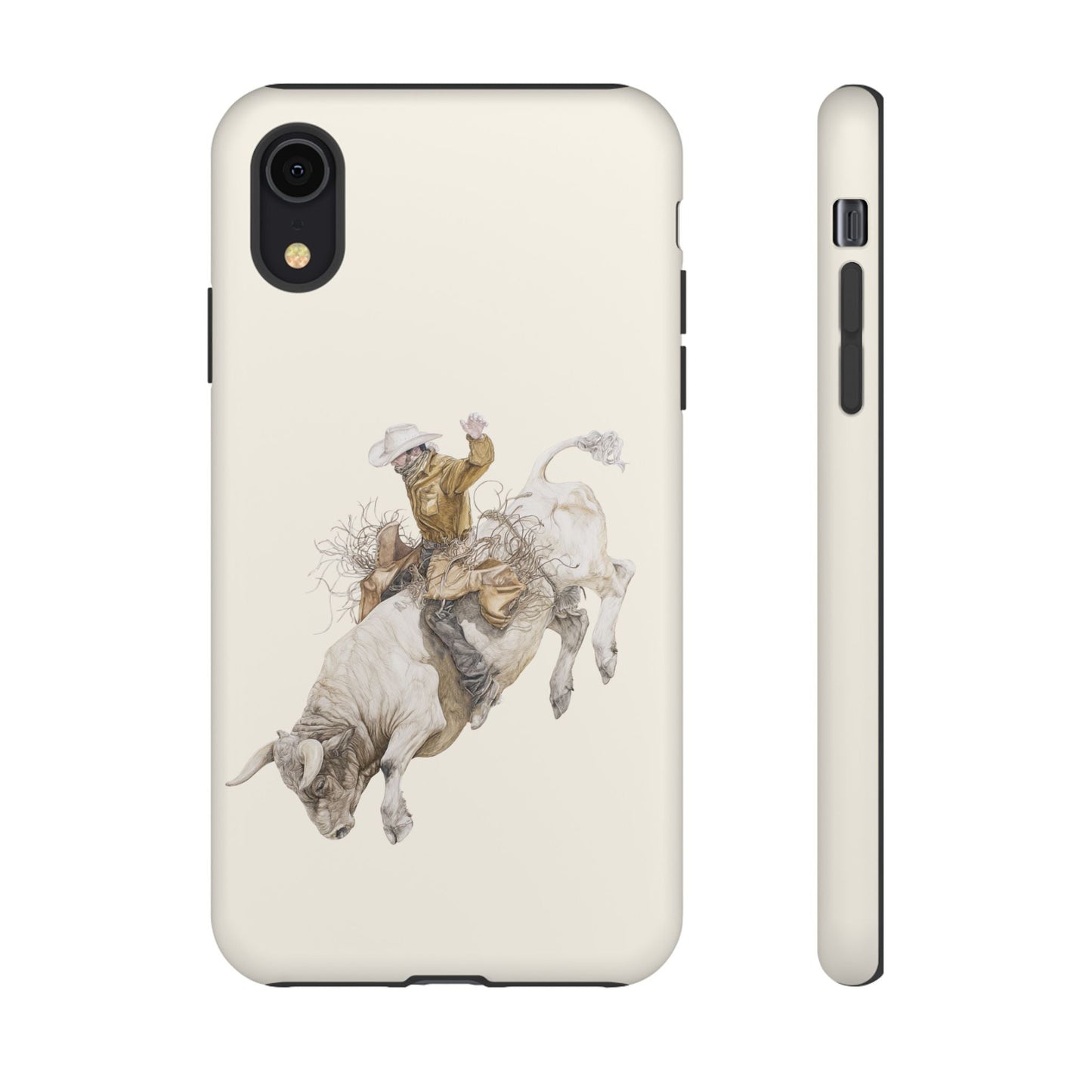 White Bucking Bull Rider Rodeo iPhone Case, 2 Layer Tough Phone Cover, Bull Riding Sport Fan - FlooredByArt