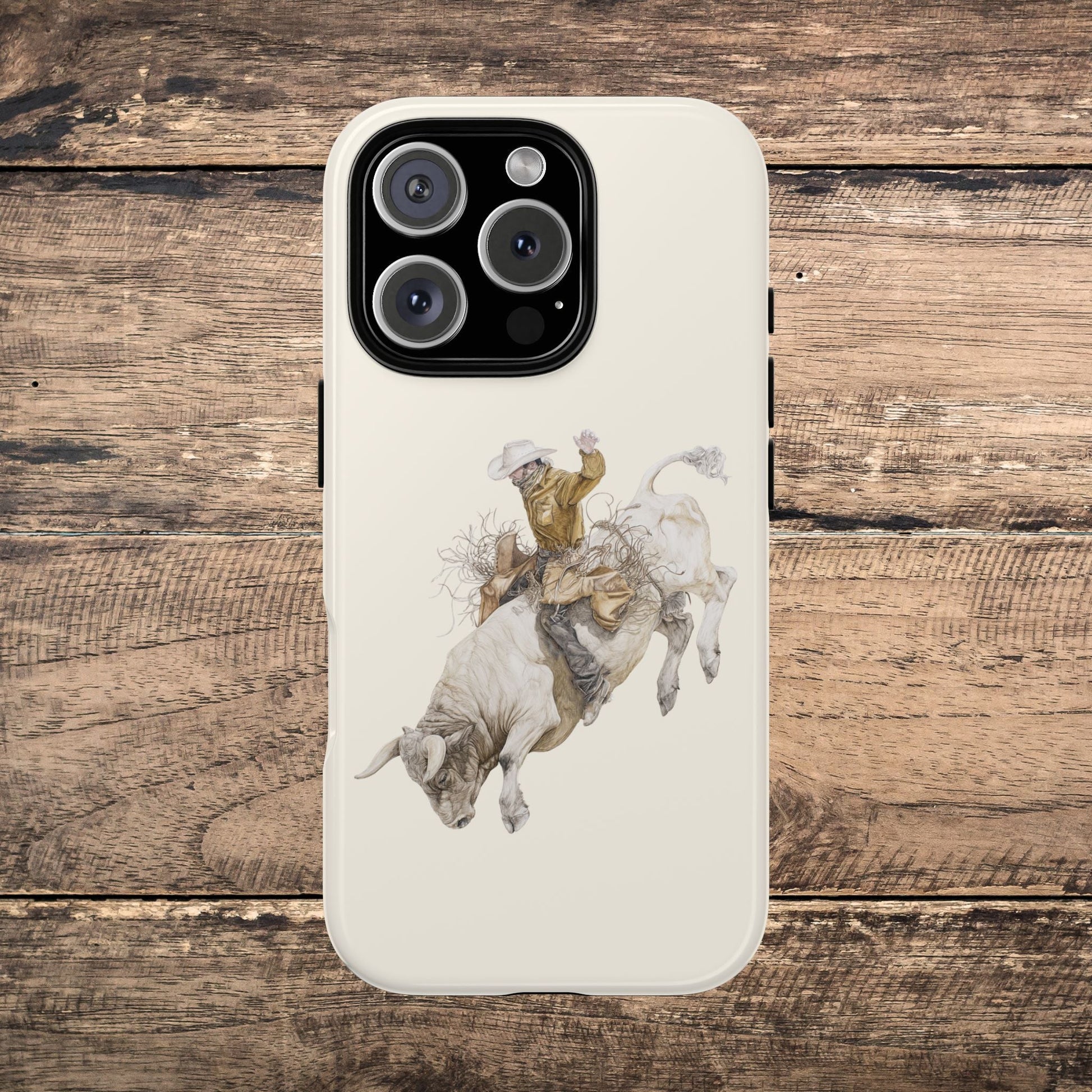 White Bucking Bull Rider Rodeo iPhone Case, 2 Layer Tough Phone Cover, Bull Riding Sport Fan - FlooredByArt