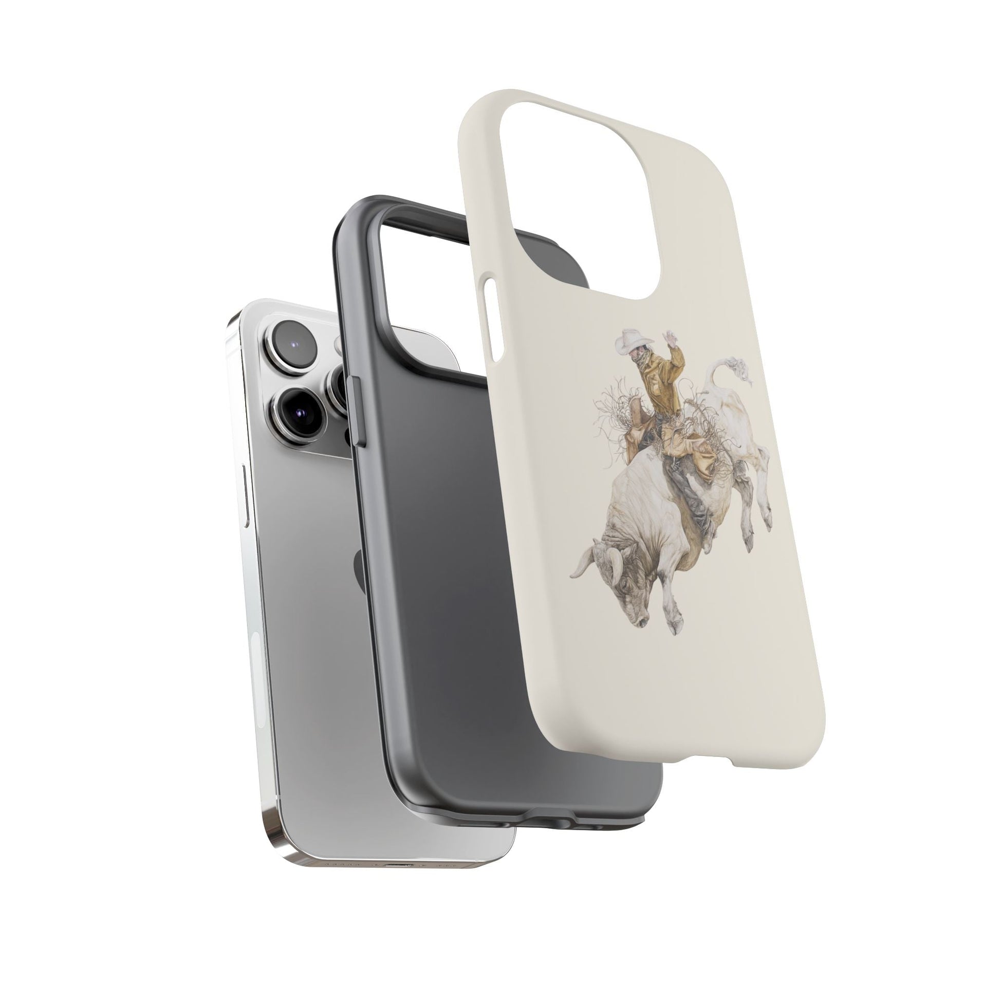 White Bucking Bull Rider Rodeo iPhone Case, 2 Layer Tough Phone Cover, Bull Riding Sport Fan - FlooredByArt