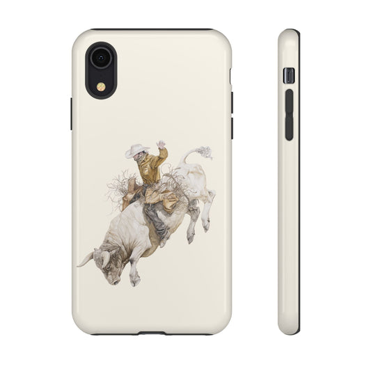 White Bucking Bull Rider Rodeo iPhone Case, 2 Layer Tough Phone Cover, Bull Riding Sport Fan - FlooredByArt