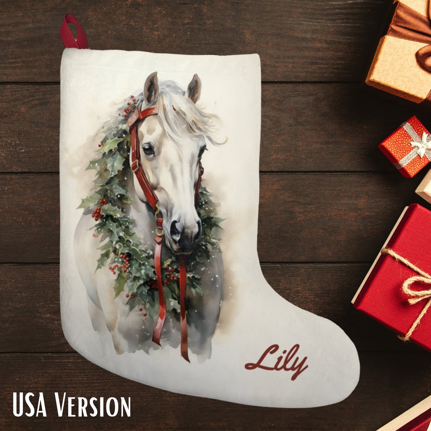 White Christmas Horse Christmas Stocking, Personalized Extra Large - FlooredByArt