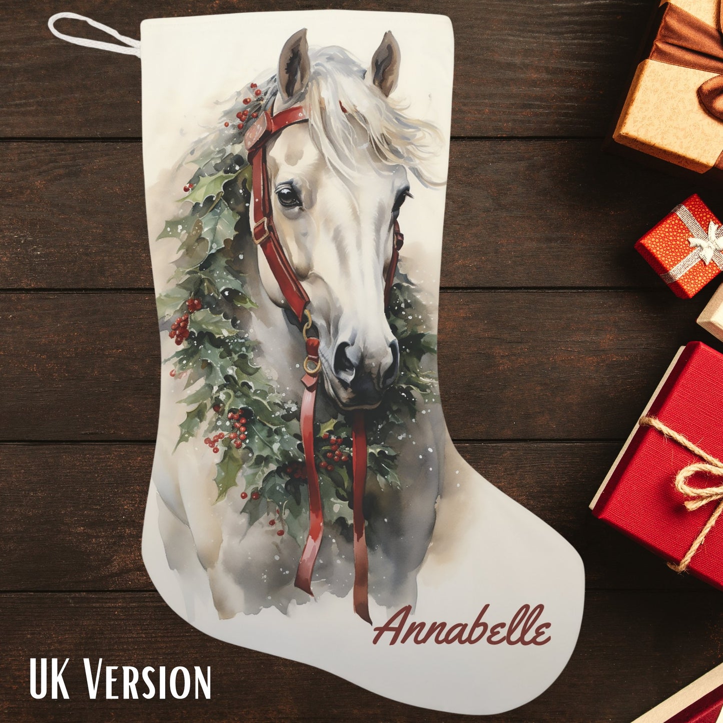 White Christmas Horse Christmas Stocking, Personalized Extra Large - FlooredByArt