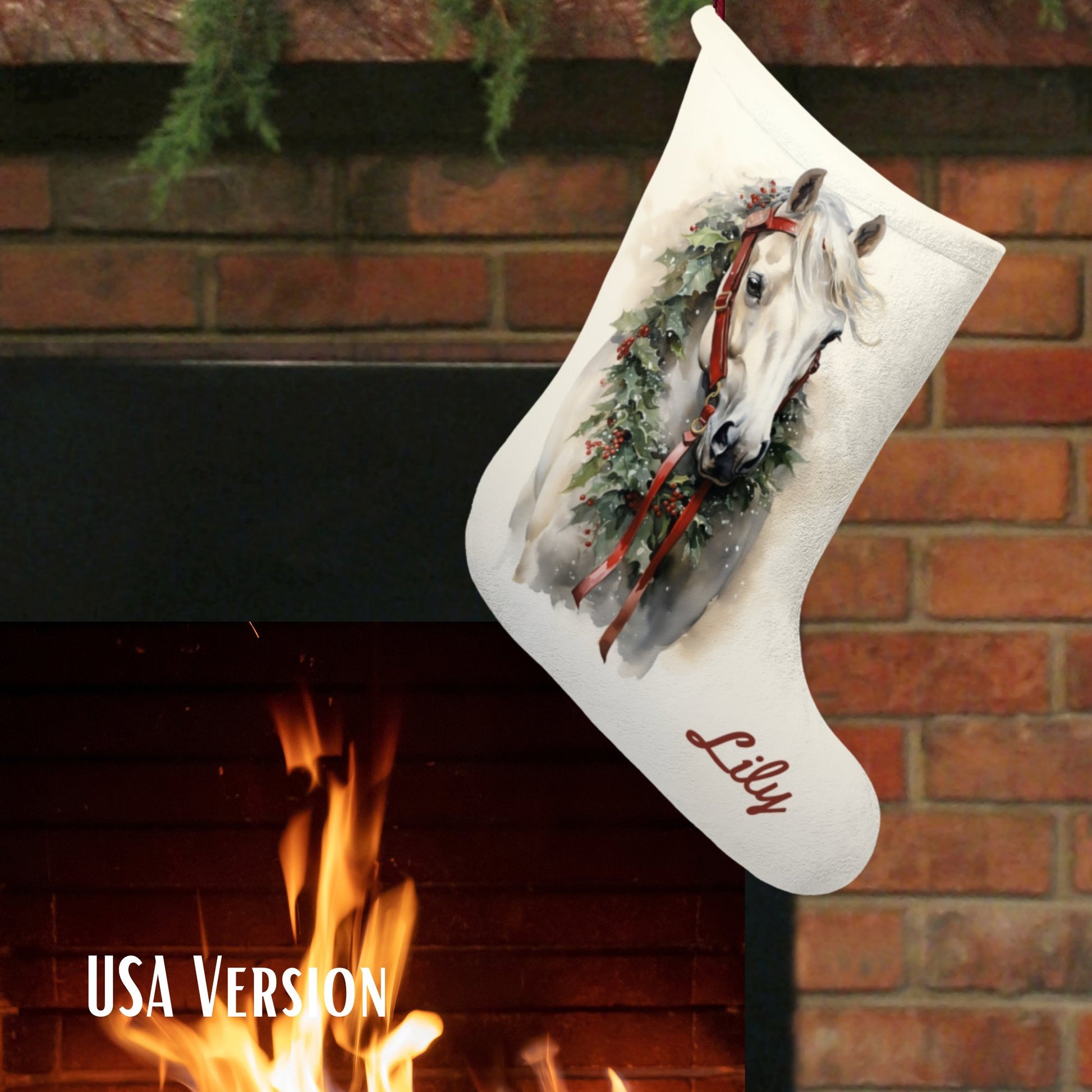 White Christmas Horse Christmas Stocking, Personalized Extra Large - FlooredByArt