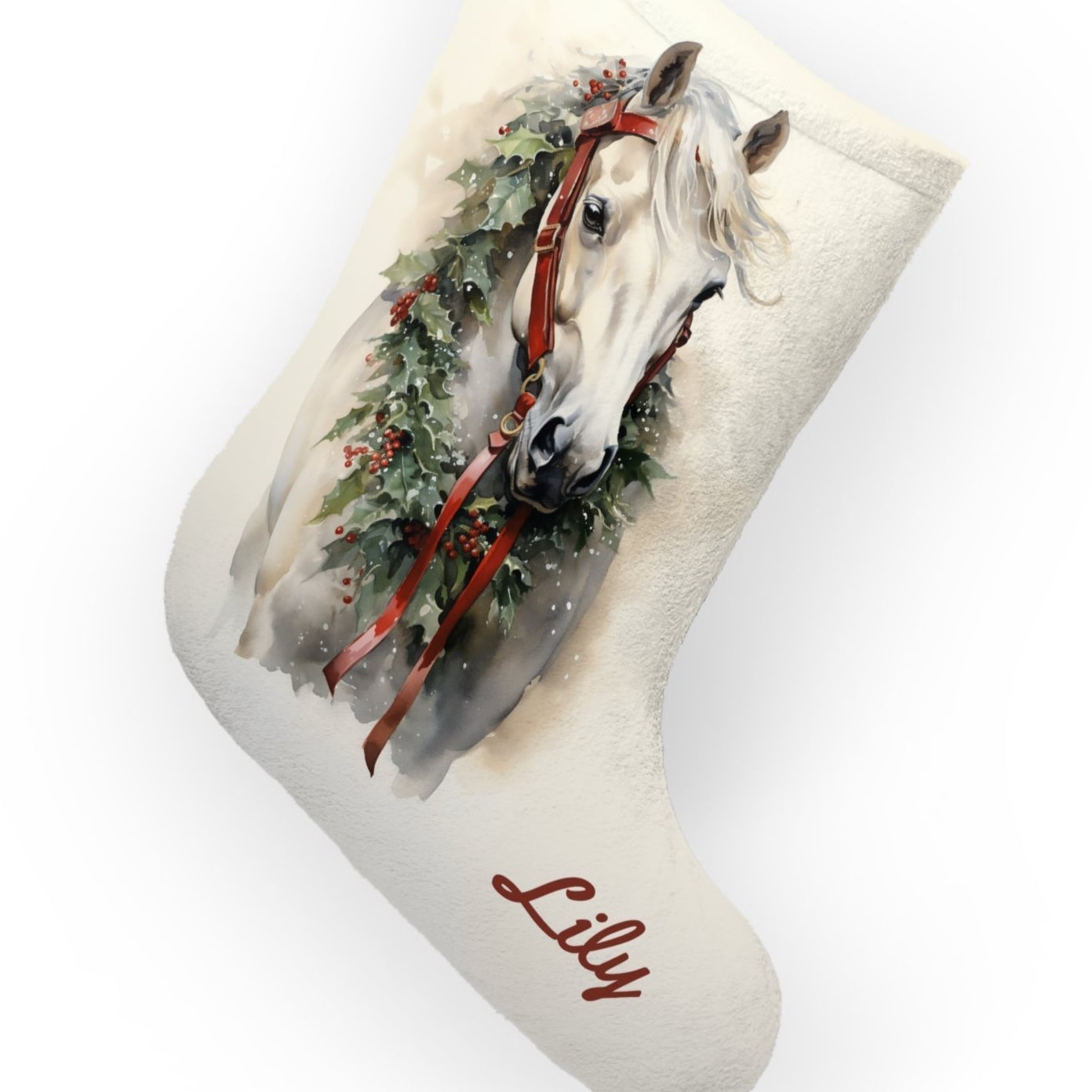 White Christmas Horse Christmas Stocking, Personalized Extra Large - FlooredByArt