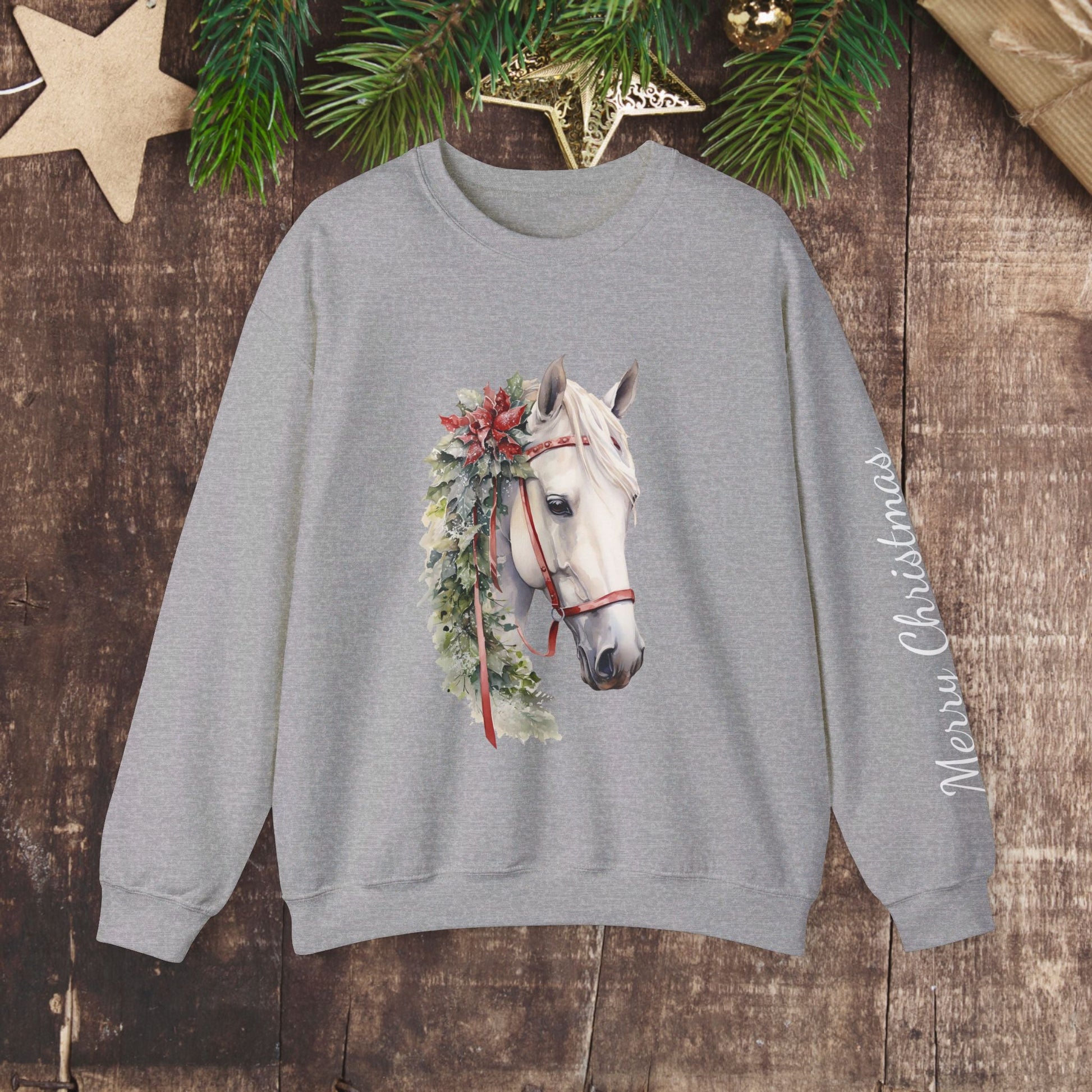 White Horse Christmas Sweatshirt With Sleeve Print for Horse Lovers, Elegant Christmas Sweater - FlooredByArt