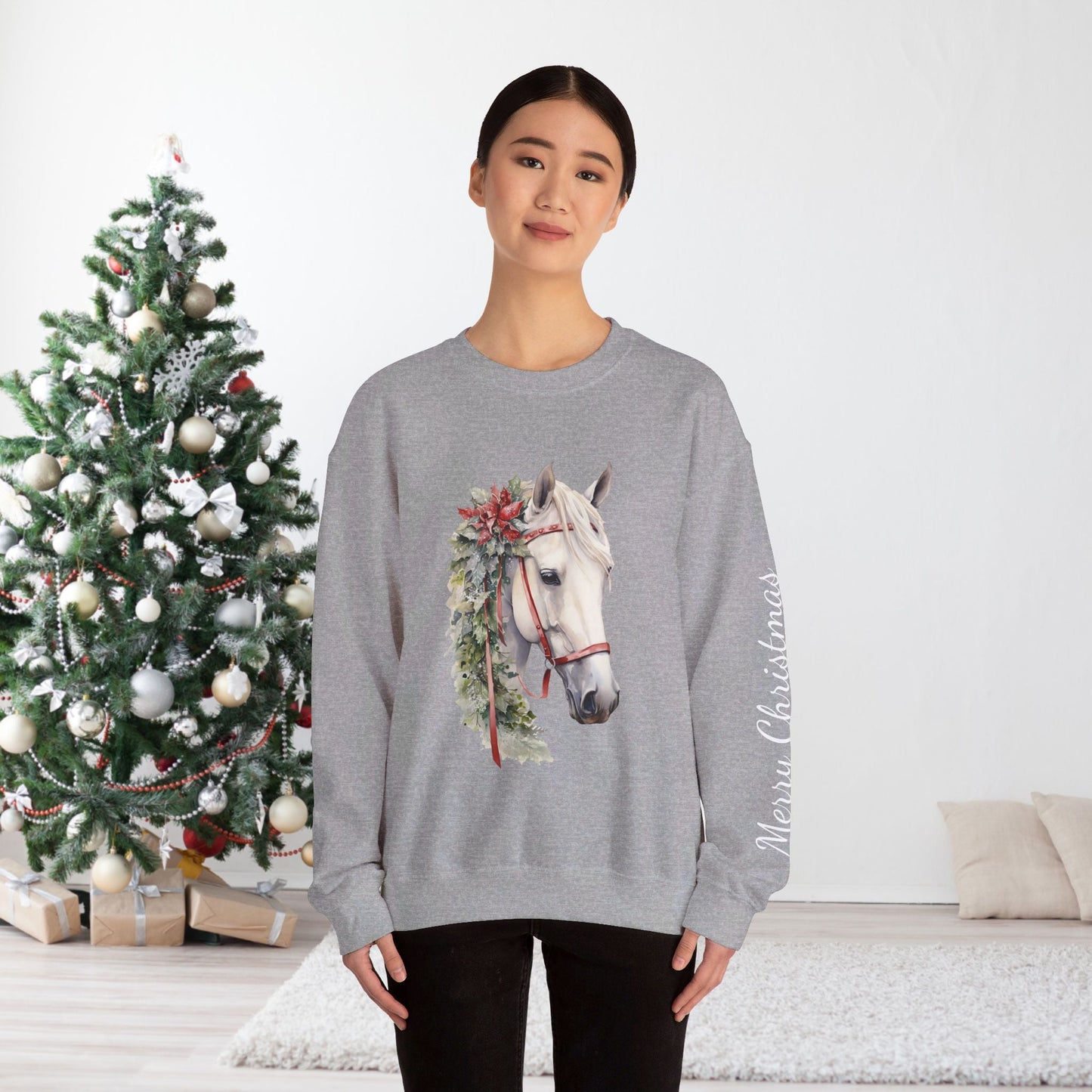 White Horse Christmas Sweatshirt With Sleeve Print for Horse Lovers, Elegant Christmas Sweater - FlooredByArt