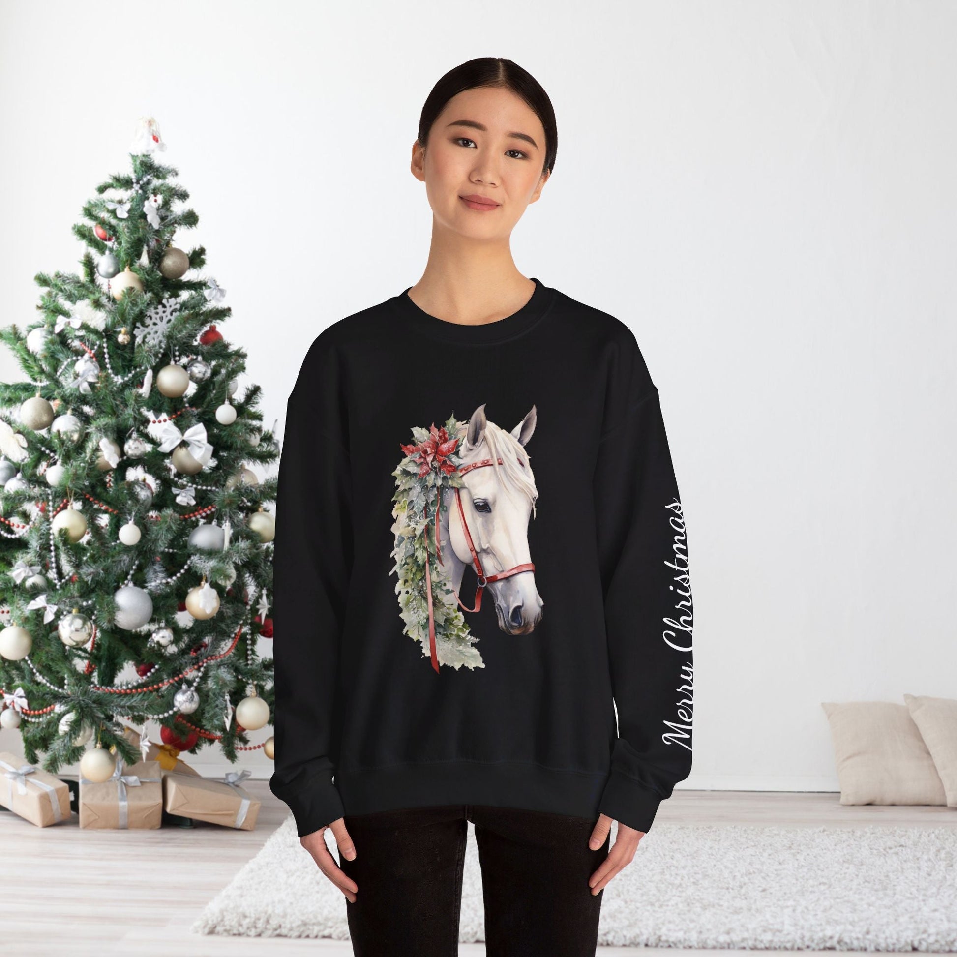 White Horse Christmas Sweatshirt With Sleeve Print for Horse Lovers, Elegant Christmas Sweater - FlooredByArt