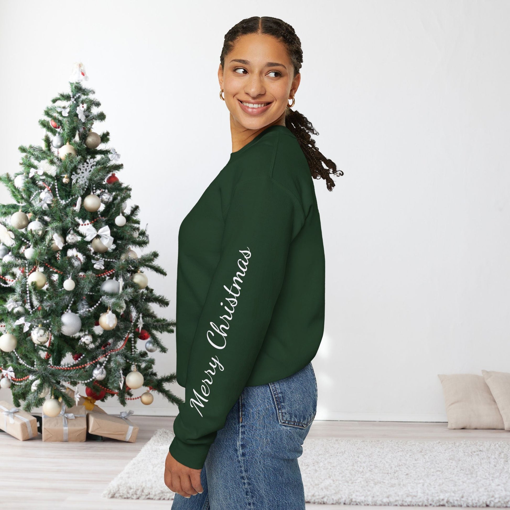 White Horse Christmas Sweatshirt With Sleeve Print for Horse Lovers, Elegant Christmas Sweater - FlooredByArt