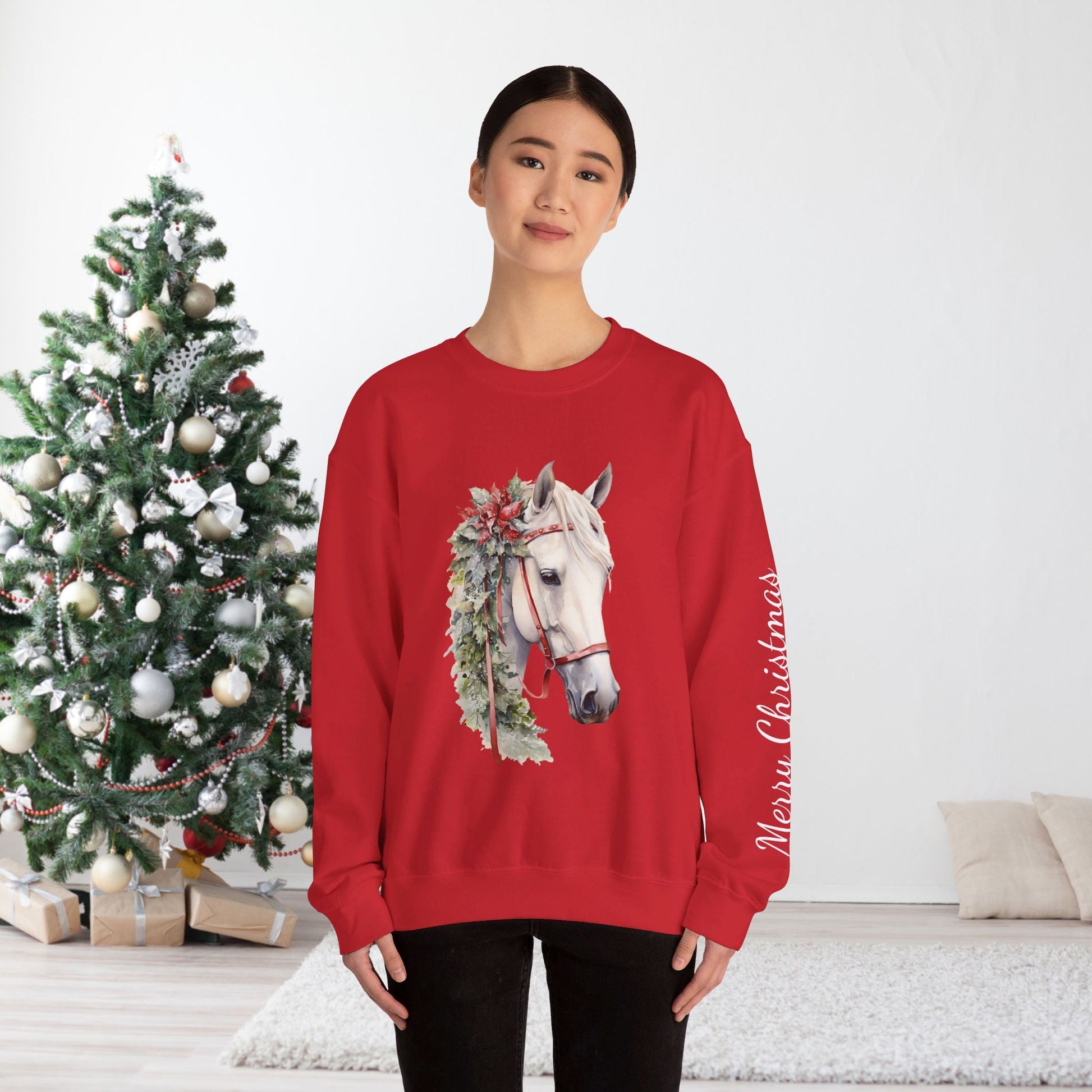 White Horse Christmas Sweatshirt With Sleeve Print for Horse Lovers, Elegant Christmas Sweater - FlooredByArt