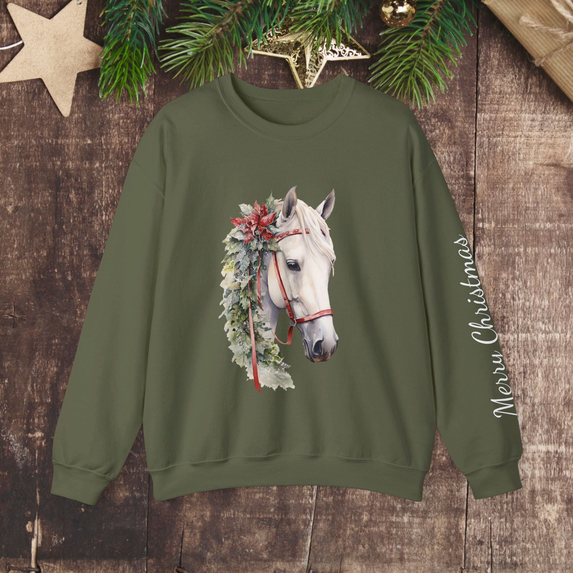 White Horse Christmas Sweatshirt With Sleeve Print for Horse Lovers, Elegant Christmas Sweater - FlooredByArt