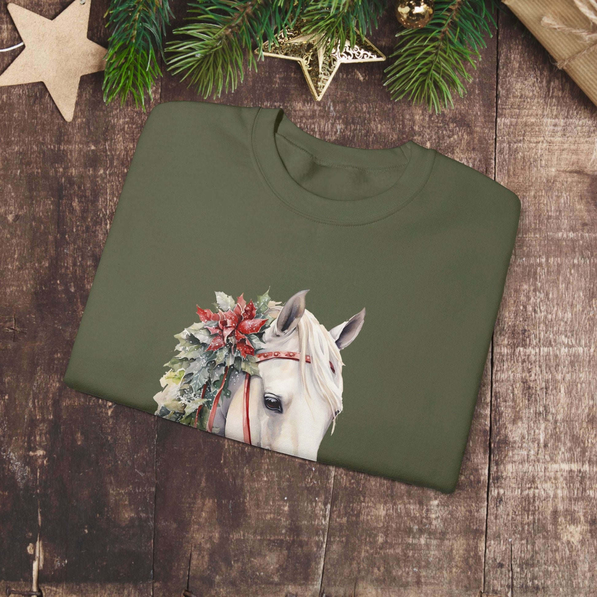 White Horse Christmas Sweatshirt With Sleeve Print for Horse Lovers, Elegant Christmas Sweater - FlooredByArt