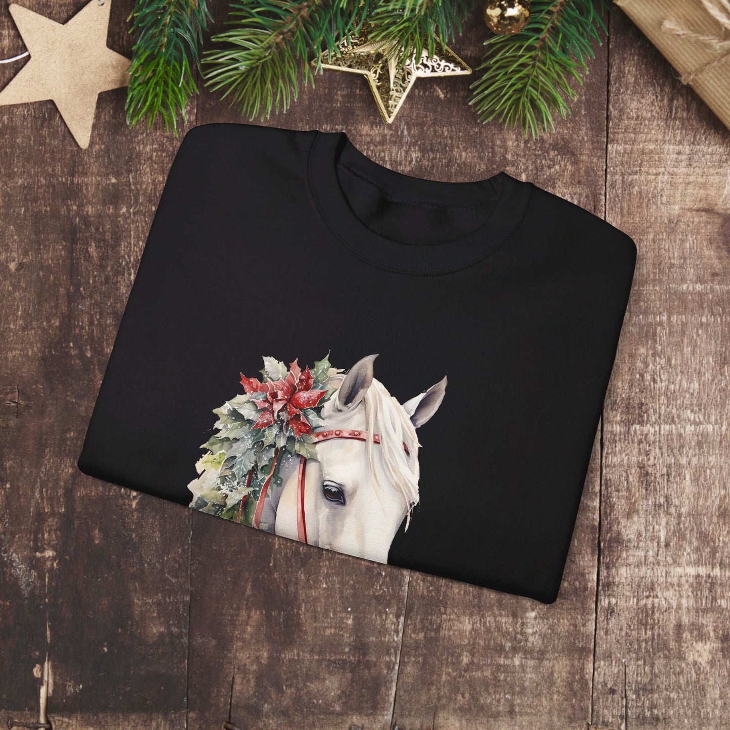 White Horse Christmas Sweatshirt With Sleeve Print for Horse Lovers, Elegant Christmas Sweater - FlooredByArt