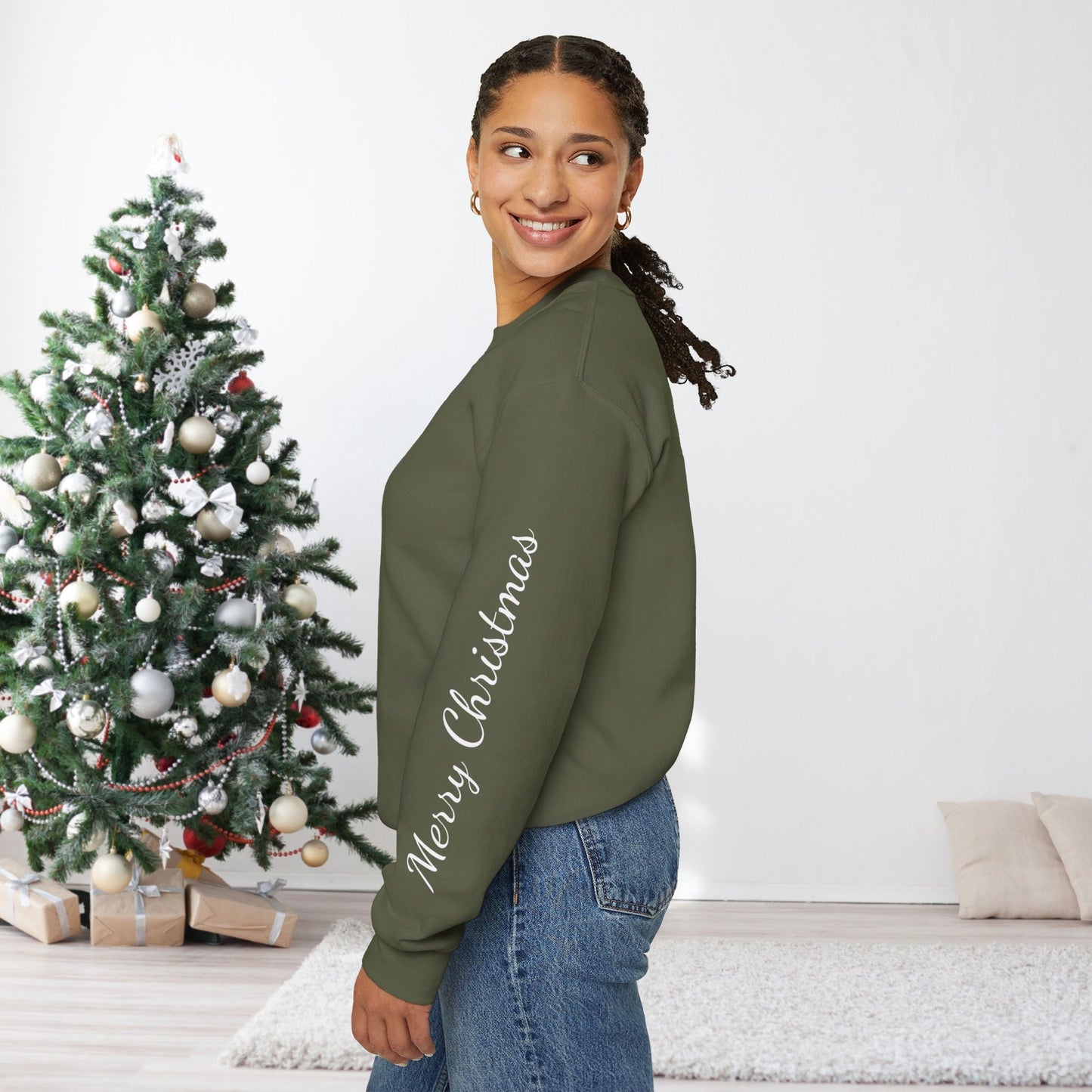 White Horse Christmas Sweatshirt With Sleeve Print for Horse Lovers, Elegant Christmas Sweater - FlooredByArt