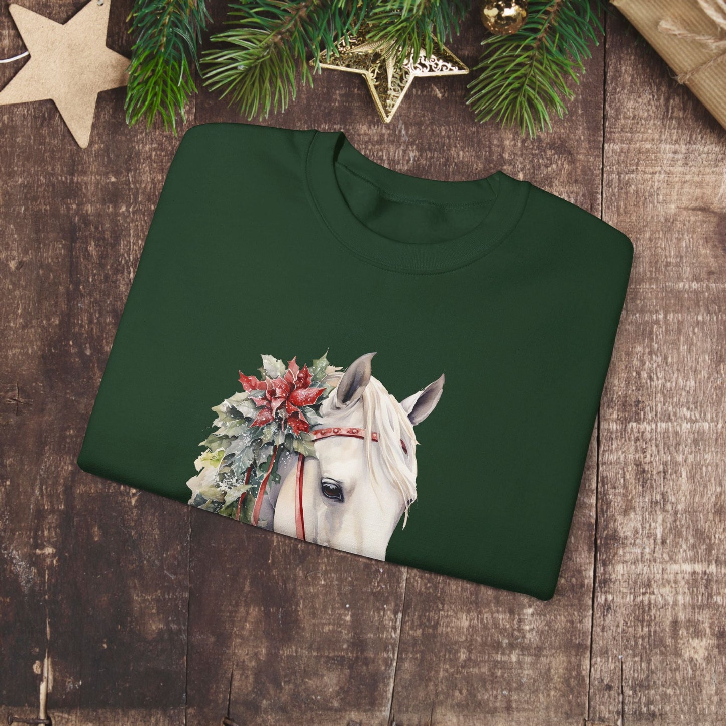 White Horse Christmas Sweatshirt With Sleeve Print for Horse Lovers, Elegant Christmas Sweater - FlooredByArt