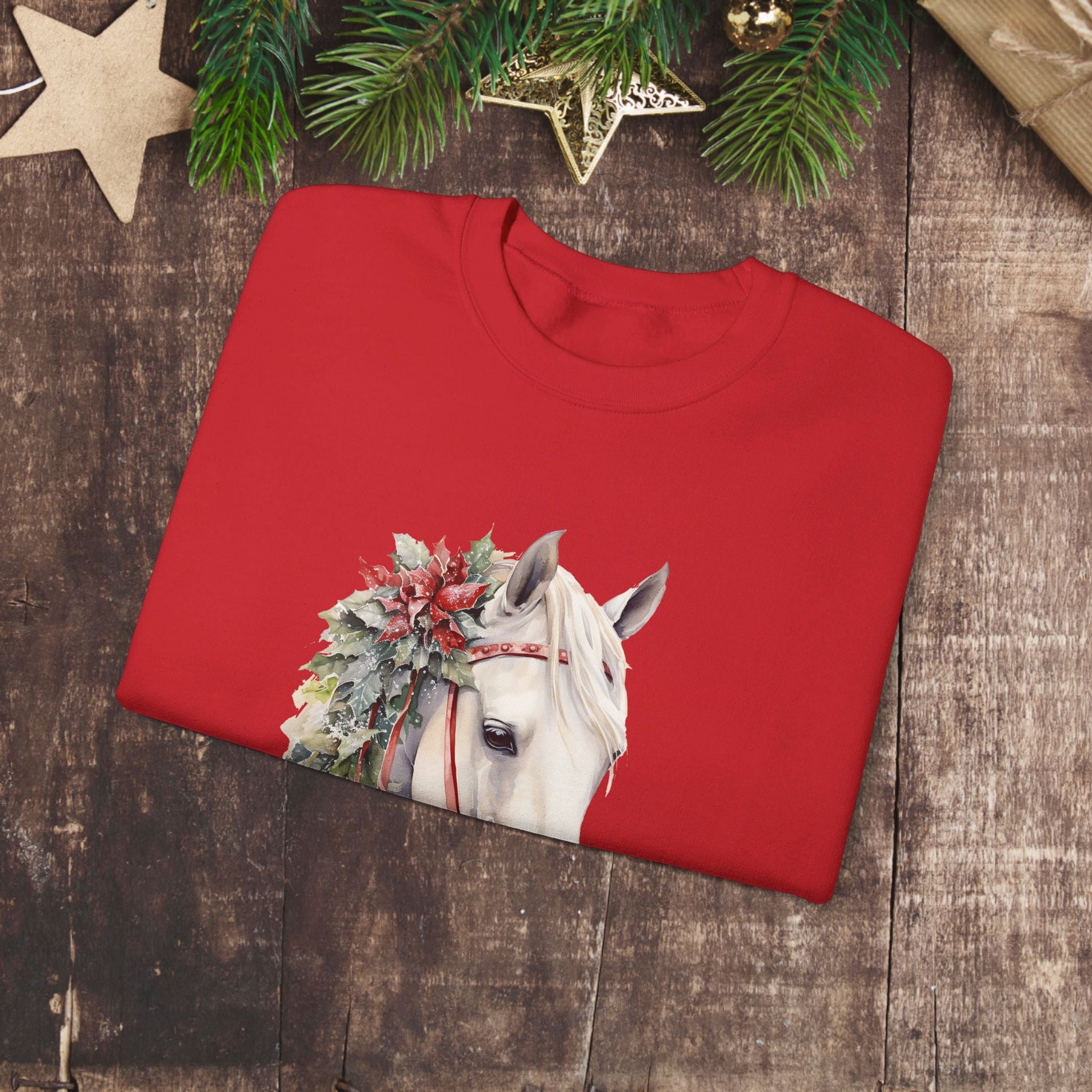 White Horse Christmas Sweatshirt With Sleeve Print for Horse Lovers, Elegant Christmas Sweater - FlooredByArt