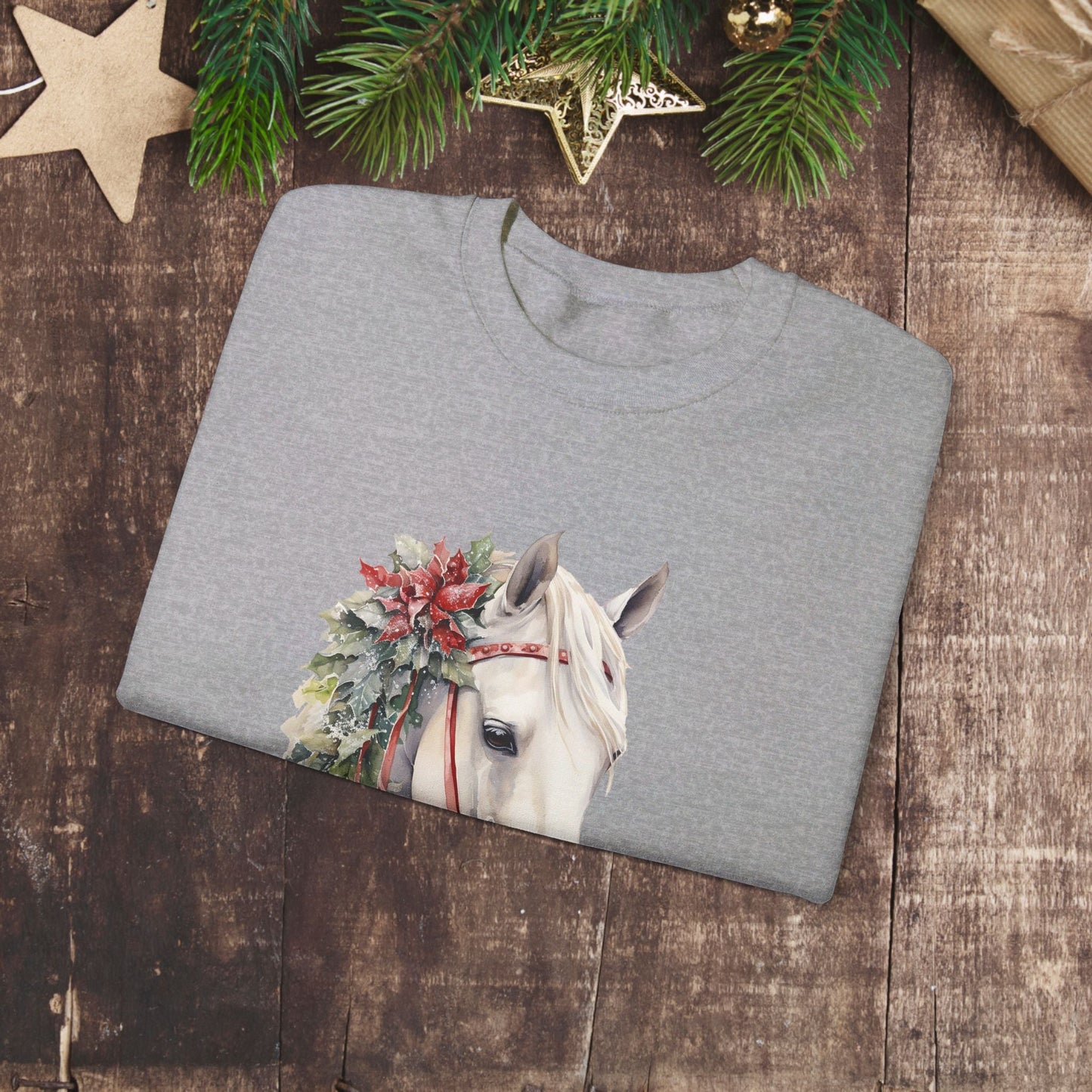 White Horse Christmas Sweatshirt With Sleeve Print for Horse Lovers, Elegant Christmas Sweater - FlooredByArt