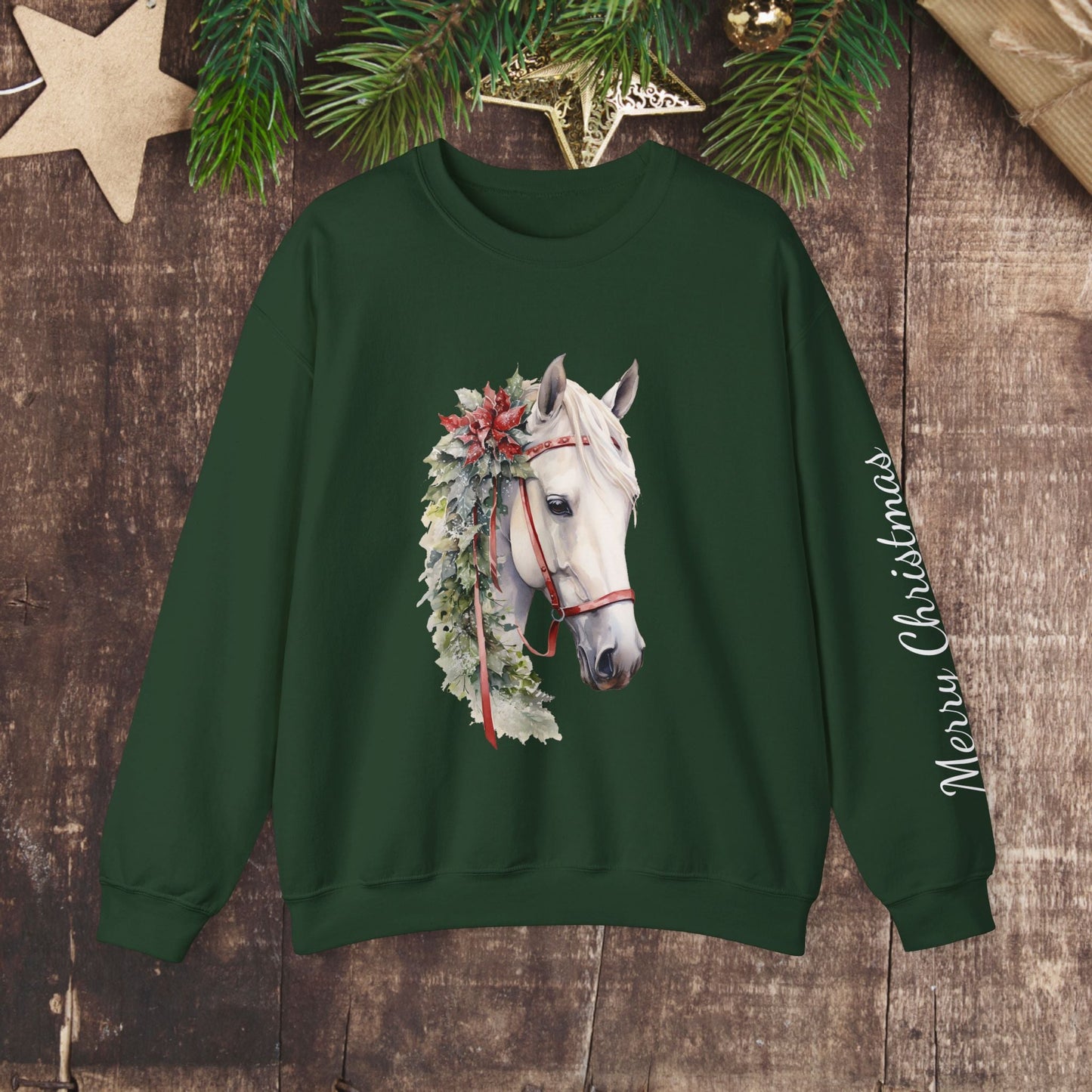 White Horse Christmas Sweatshirt With Sleeve Print for Horse Lovers, Elegant Christmas Sweater - FlooredByArt