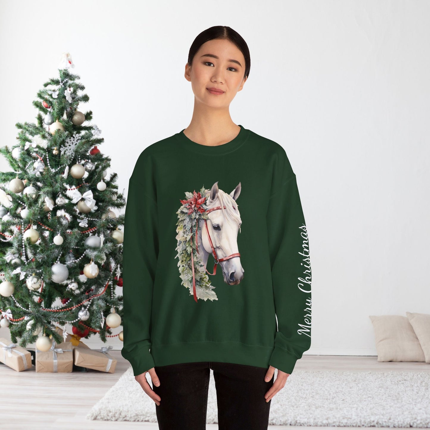 White Horse Christmas Sweatshirt With Sleeve Print for Horse Lovers, Elegant Christmas Sweater - FlooredByArt