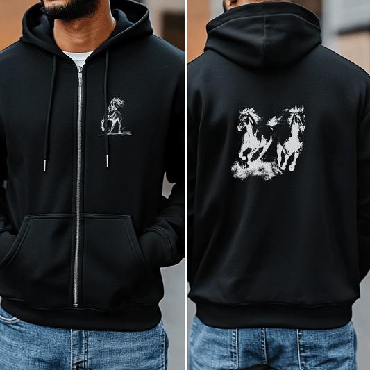 Wild Horses Full - Zip Hoodie, Horse Art Jacket, Western Horse Love - FlooredByArt