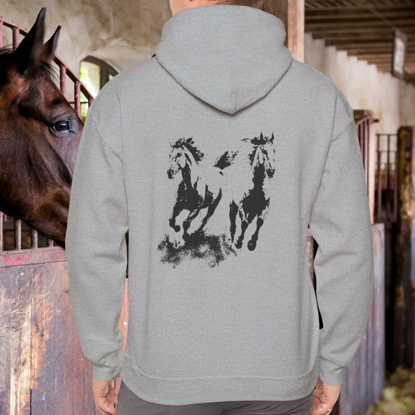 Wild Horses Hoodie, Artist Ink & Watercolor Horse Art Sweatshirt, Boho Western Gift - FlooredByArt