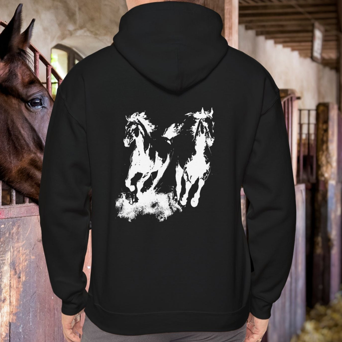 Wild Horses Hoodie, Artist Ink & Watercolor Horse Art Sweatshirt, Boho Western Gift - FlooredByArt