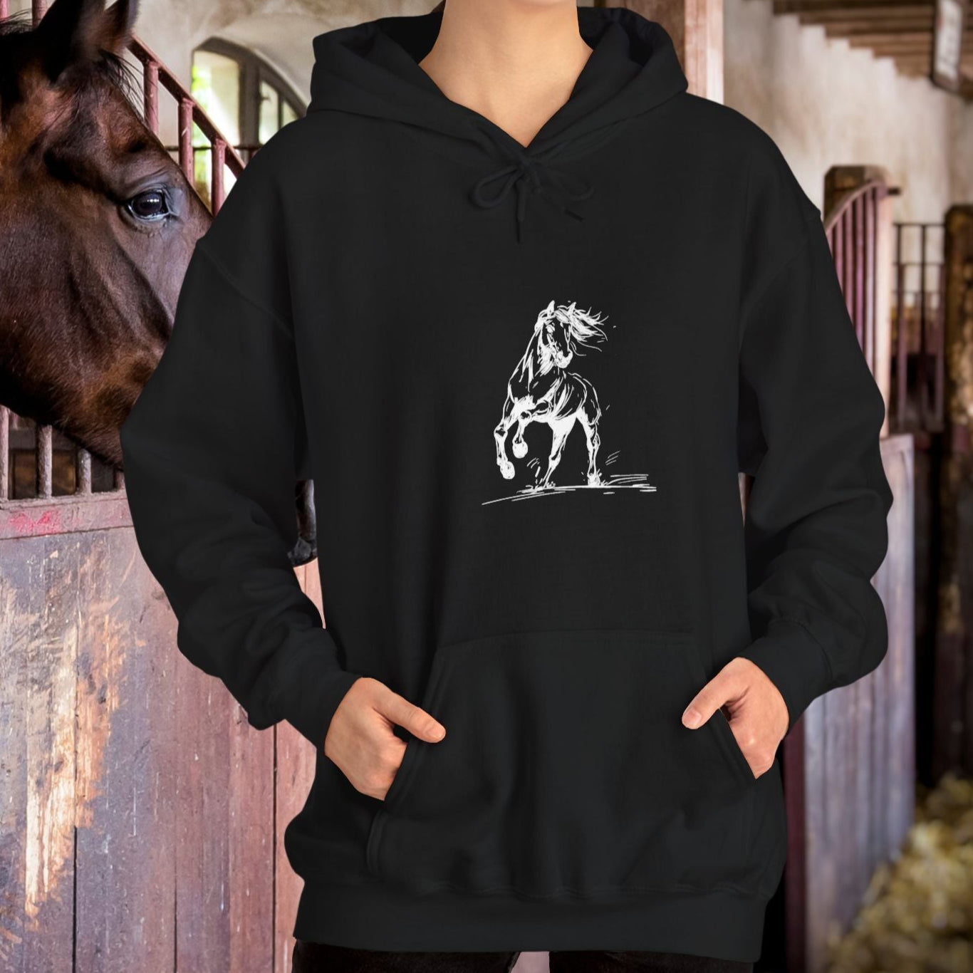 Wild Horses Hoodie, Artist Ink & Watercolor Horse Art Sweatshirt, Boho Western Gift - FlooredByArt