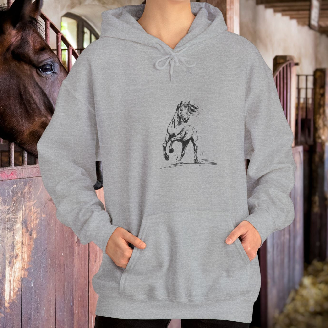 Wild Horses Hoodie, Artist Ink & Watercolor Horse Art Sweatshirt, Boho Western Gift - FlooredByArt
