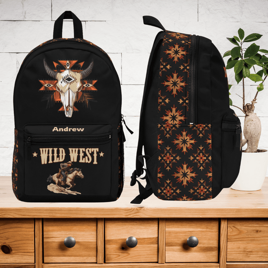 Wild West Cowboy Backpack for Boys - Personalized Aztec Bull Skull - FlooredByArt