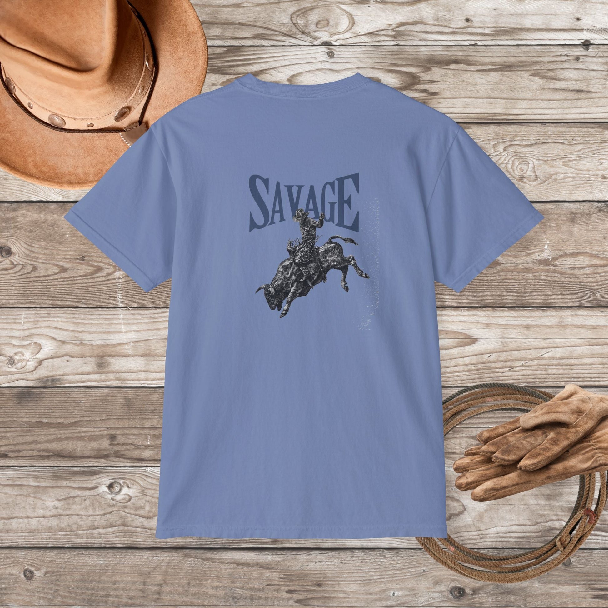 Wild West Savage Pocket T-Shirt – Country Rodeo Shirt for Men & Women, Vintage Cowboy Festival Tee - FlooredByArt