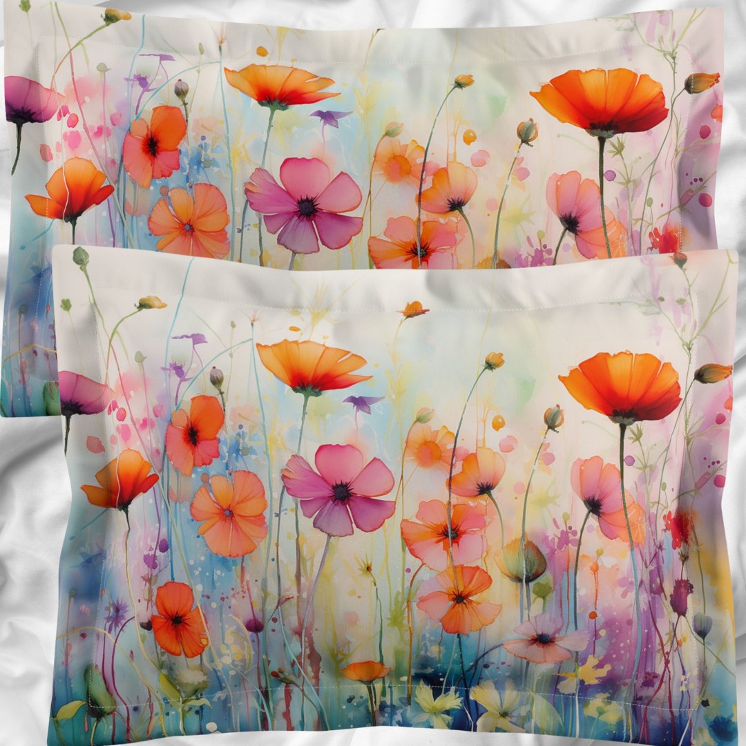 Wildflower Poppies Pillow Sham, Watercolor Art Colorful Accent - FlooredByArt