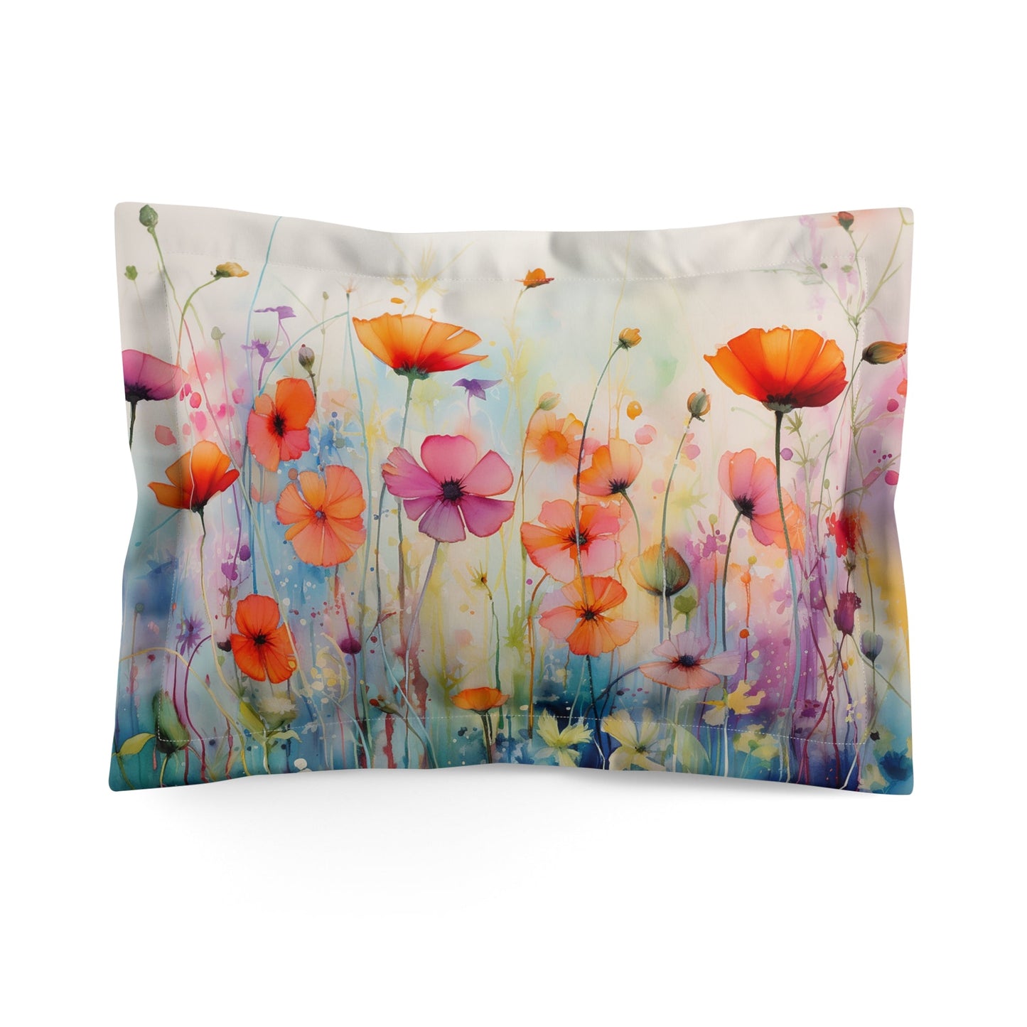 Wildflower Poppies Pillow Sham, Watercolor Art Colorful Accent - FlooredByArt