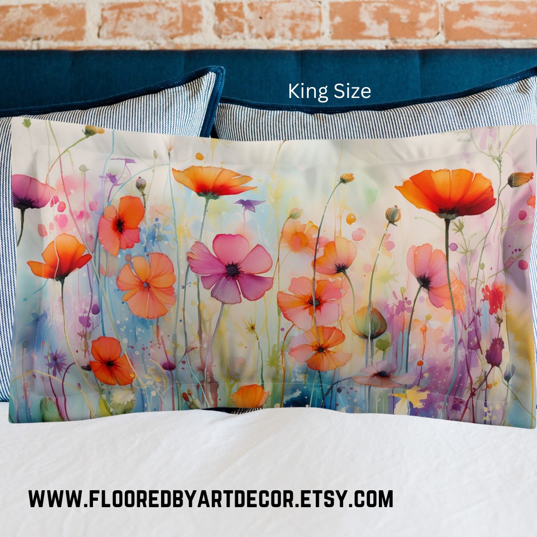 Wildflower Poppies Pillow Sham, Watercolor Art Colorful Accent - FlooredByArt