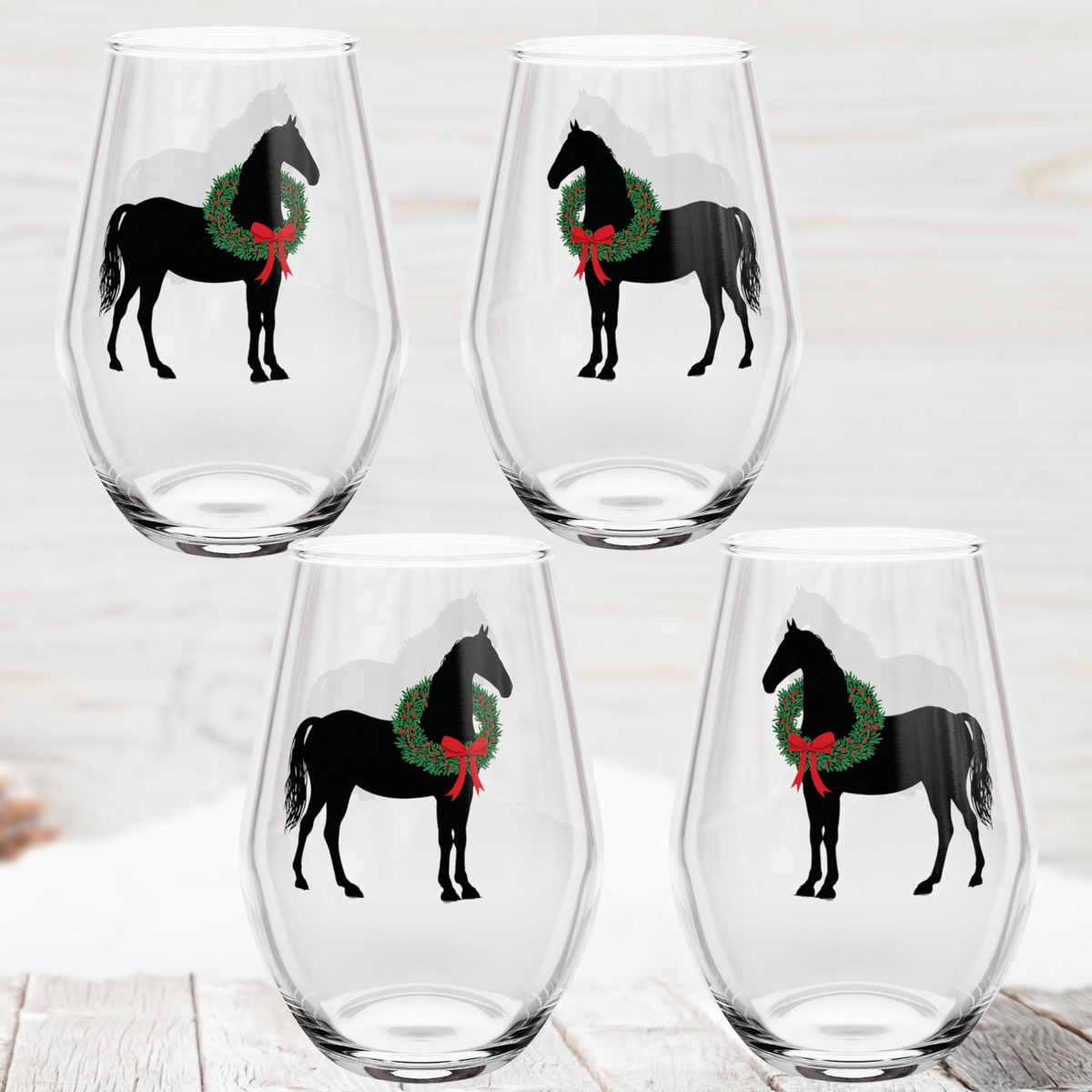 Christmas Horse Stemless Wine Glass – Personalized Black Horse - Set Optional