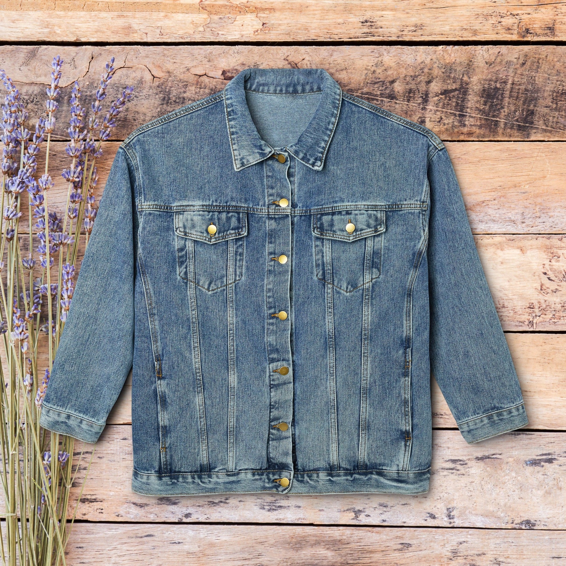 Womens Blue Jean Jacket, Southwestern style Floral Cactus Cotton Denim - FlooredByArt