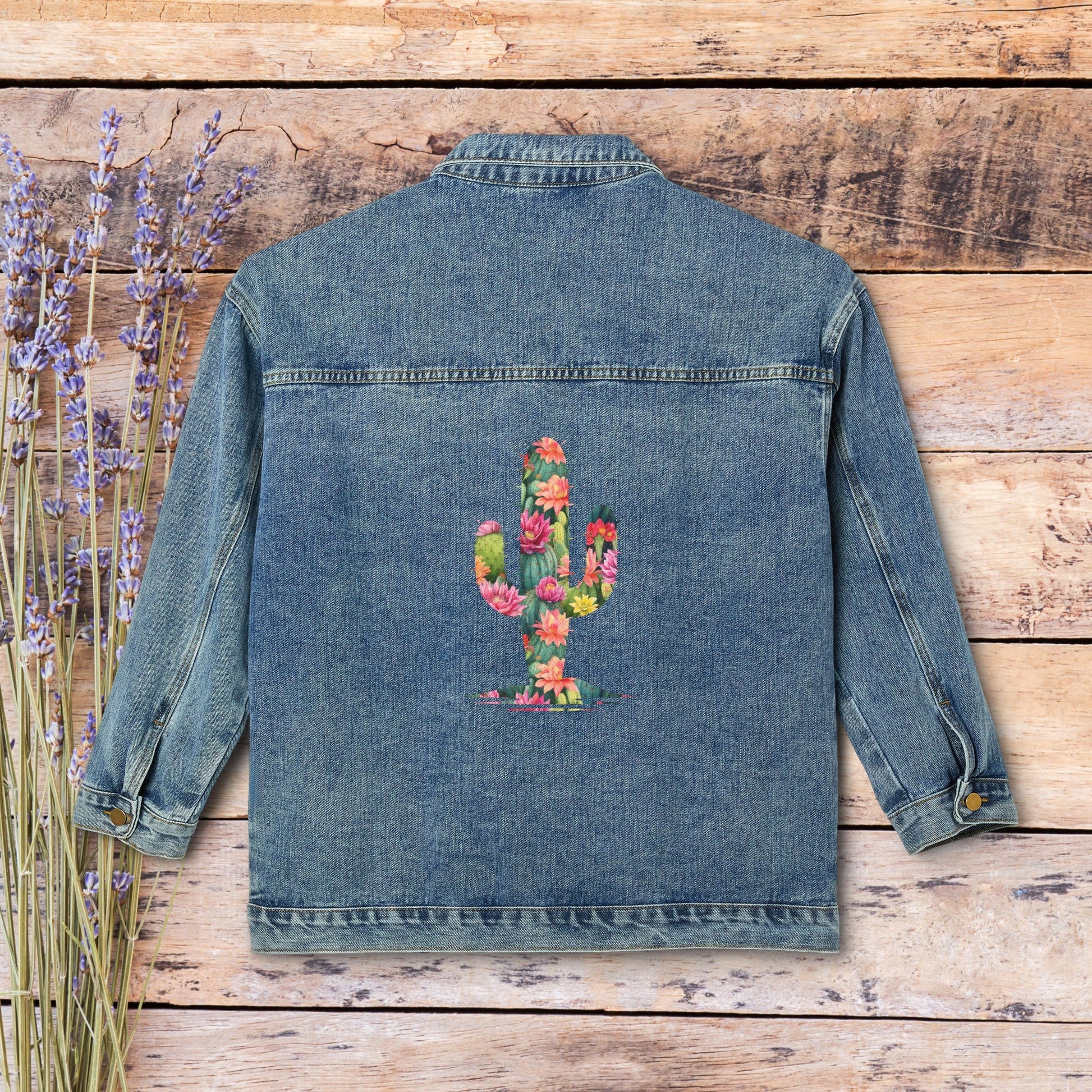 Womens Blue Jean Jacket, Southwestern style Floral Cactus Cotton Denim - FlooredByArt
