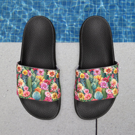 Womens Cactus Flower Art Slide Sandals, Original Watercolor Floral Art Shoes - FlooredByArt