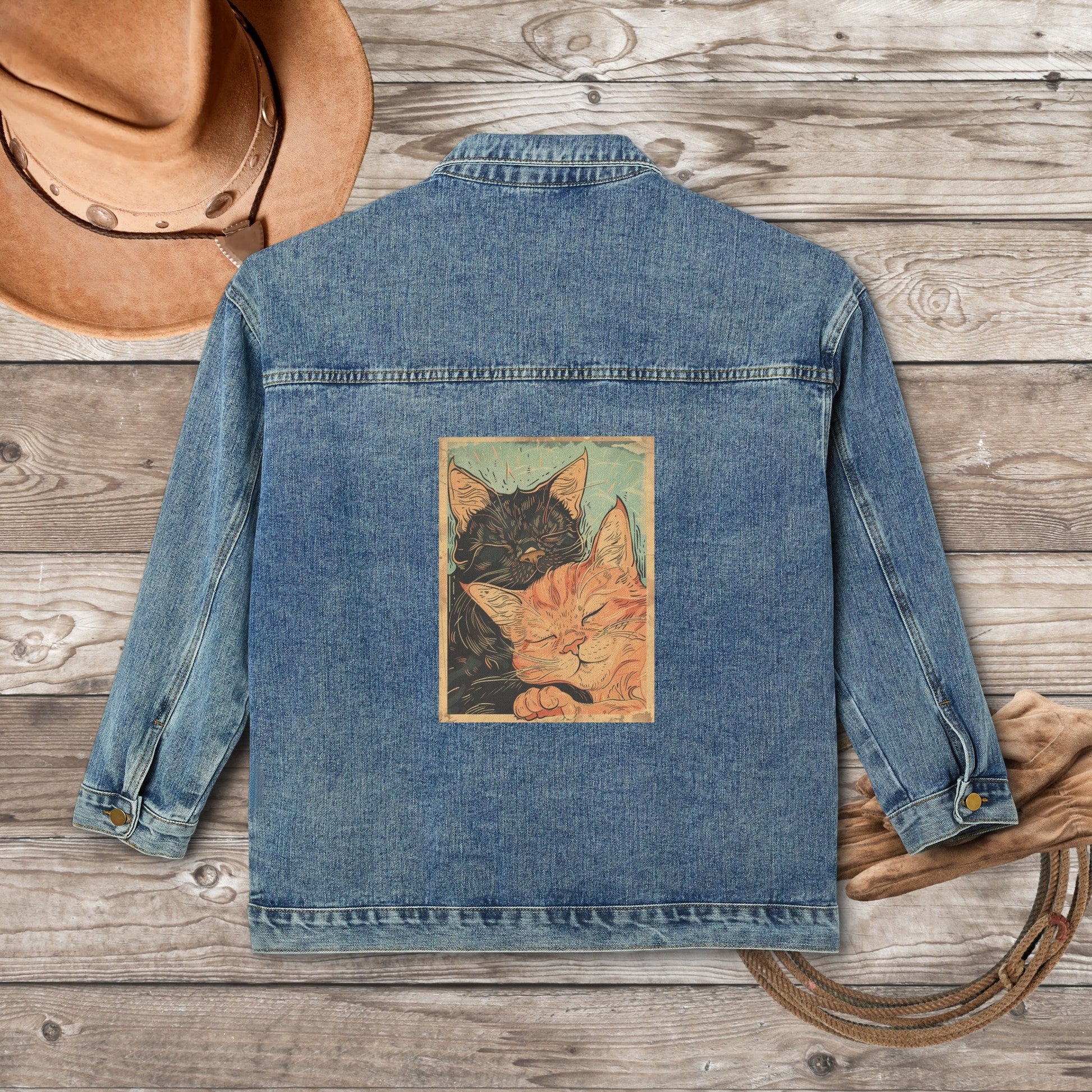 Women's Cat Jean Jacket, Cute Sleeping Black cat and Orange Tabby Cat Cotton Denim - FlooredByArt