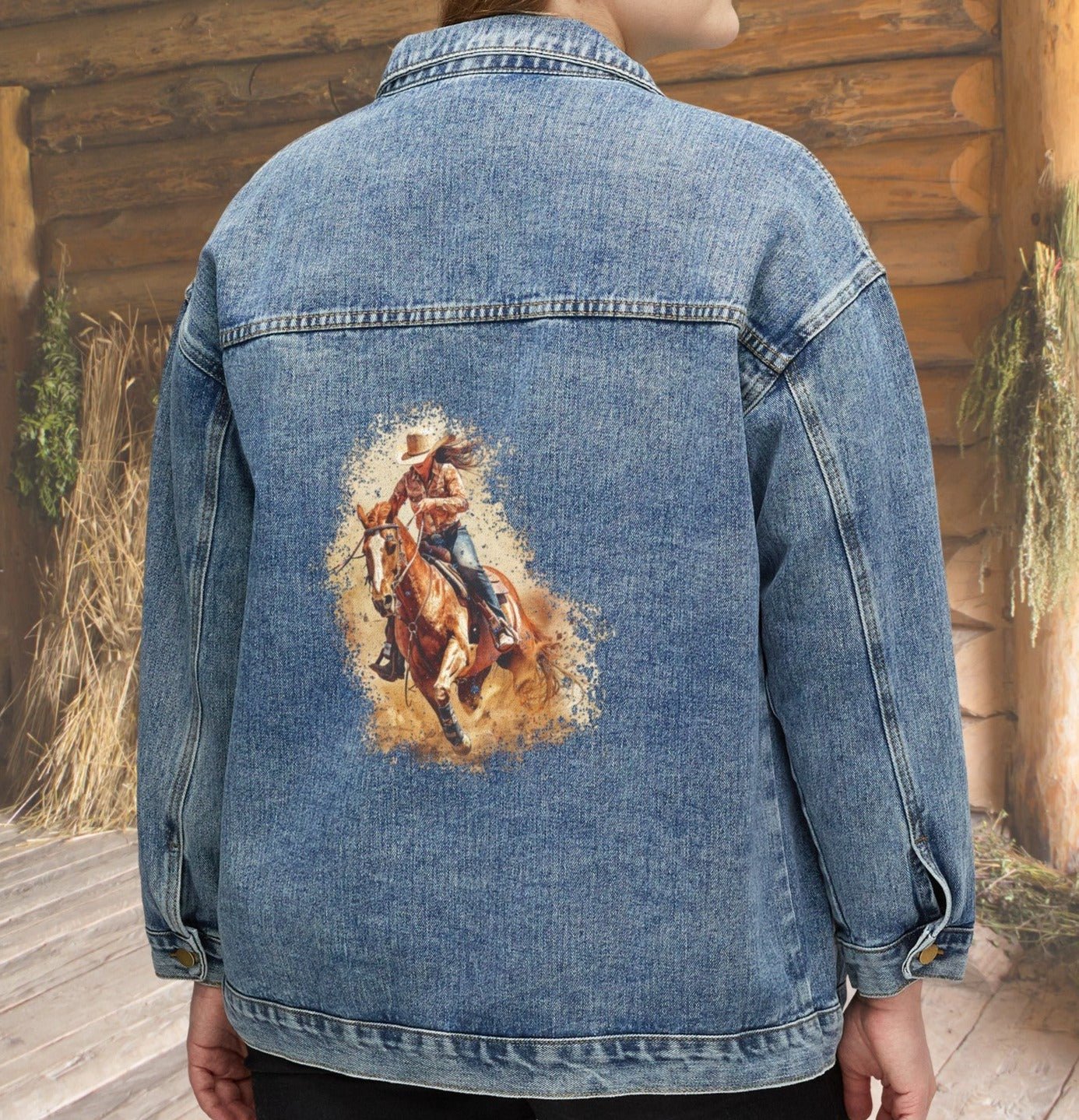 Women's Cowgirl Jean Jacket, Cotton Denim Barrel Racing Rodeo Barn Coat - FlooredByArt