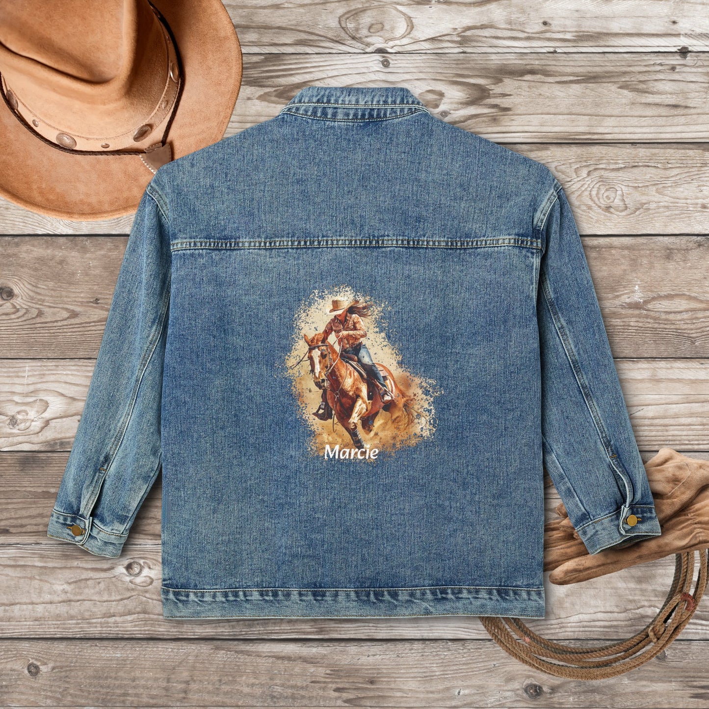 Women's Cowgirl Jean Jacket, Cotton Denim Barrel Racing Rodeo Barn Coat - FlooredByArt