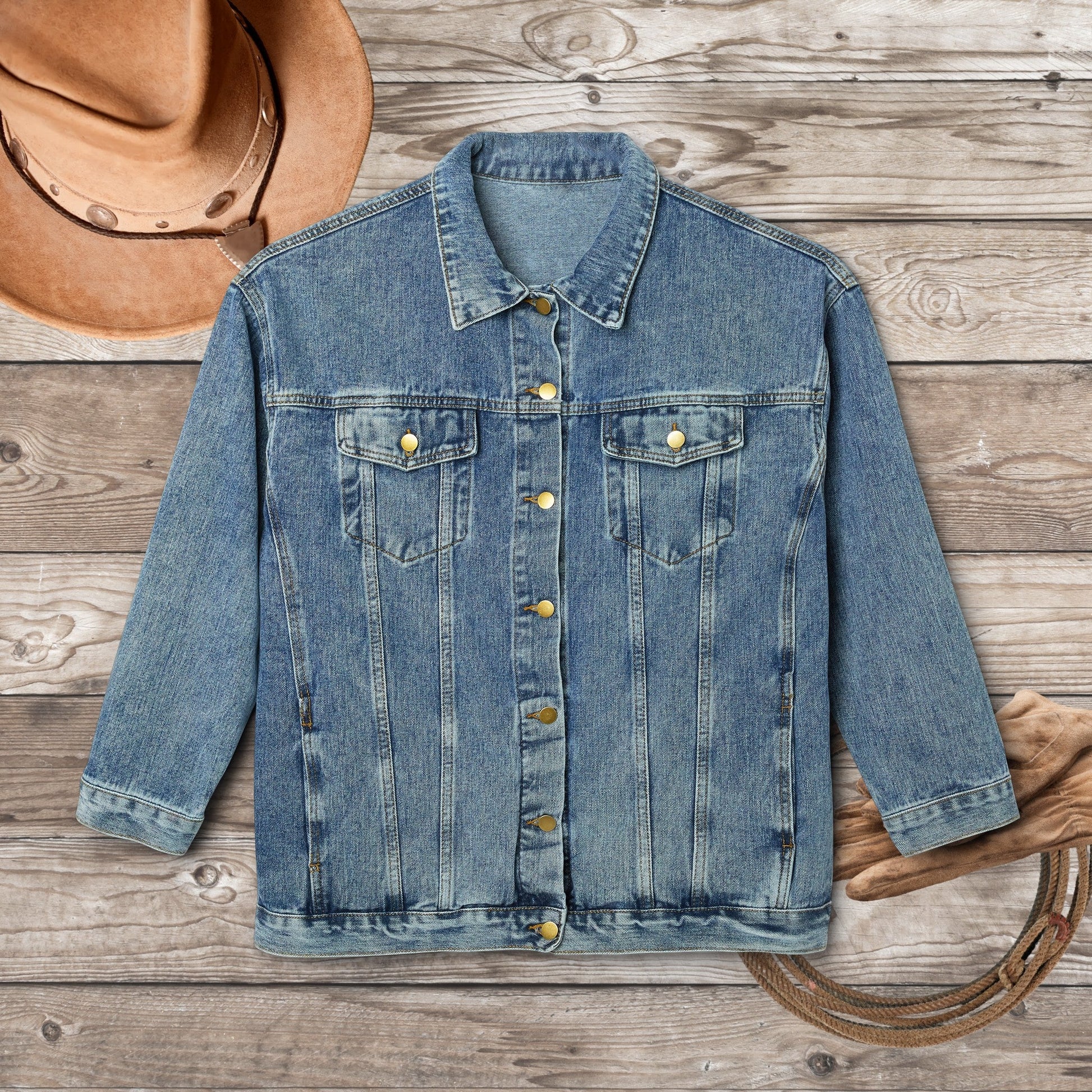 Women's Cowgirl Jean Jacket, Cotton Denim Barrel Racing Rodeo Barn Coat - FlooredByArt