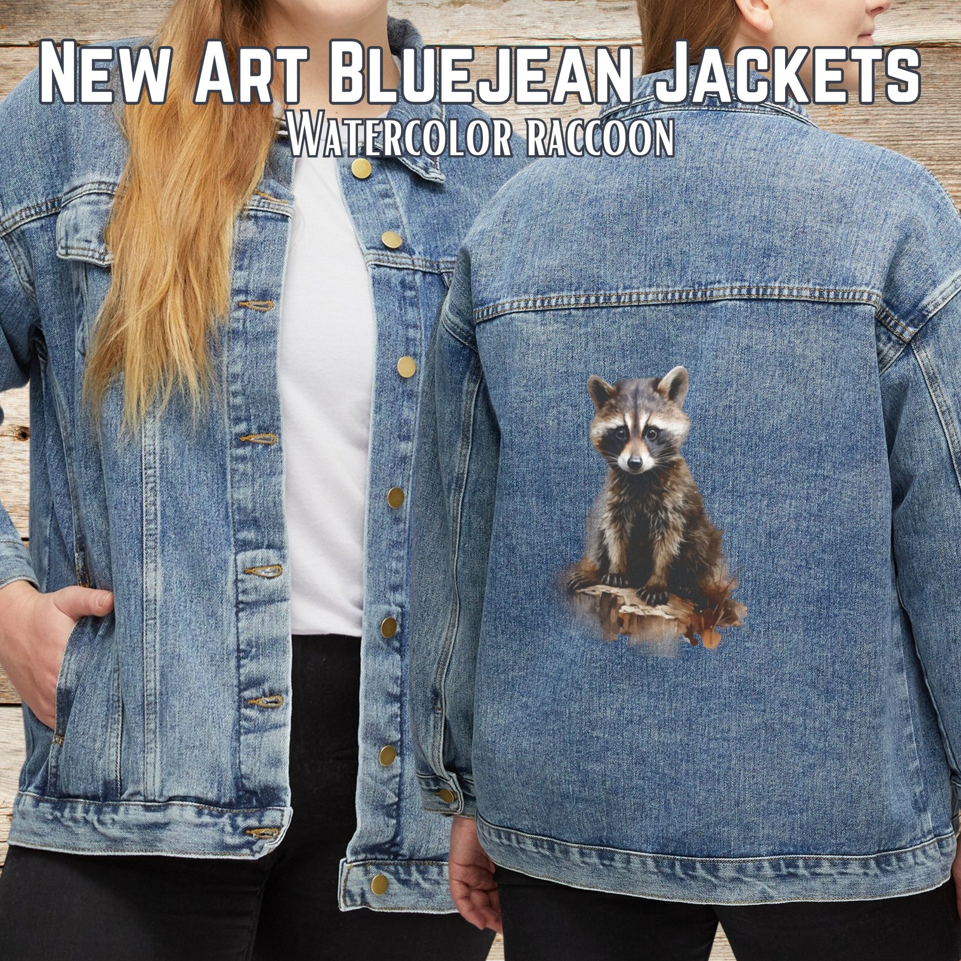 Womens or Mens Raccoon Blue Jean Jacket, Wildlife Art on Denim - FlooredByArt
