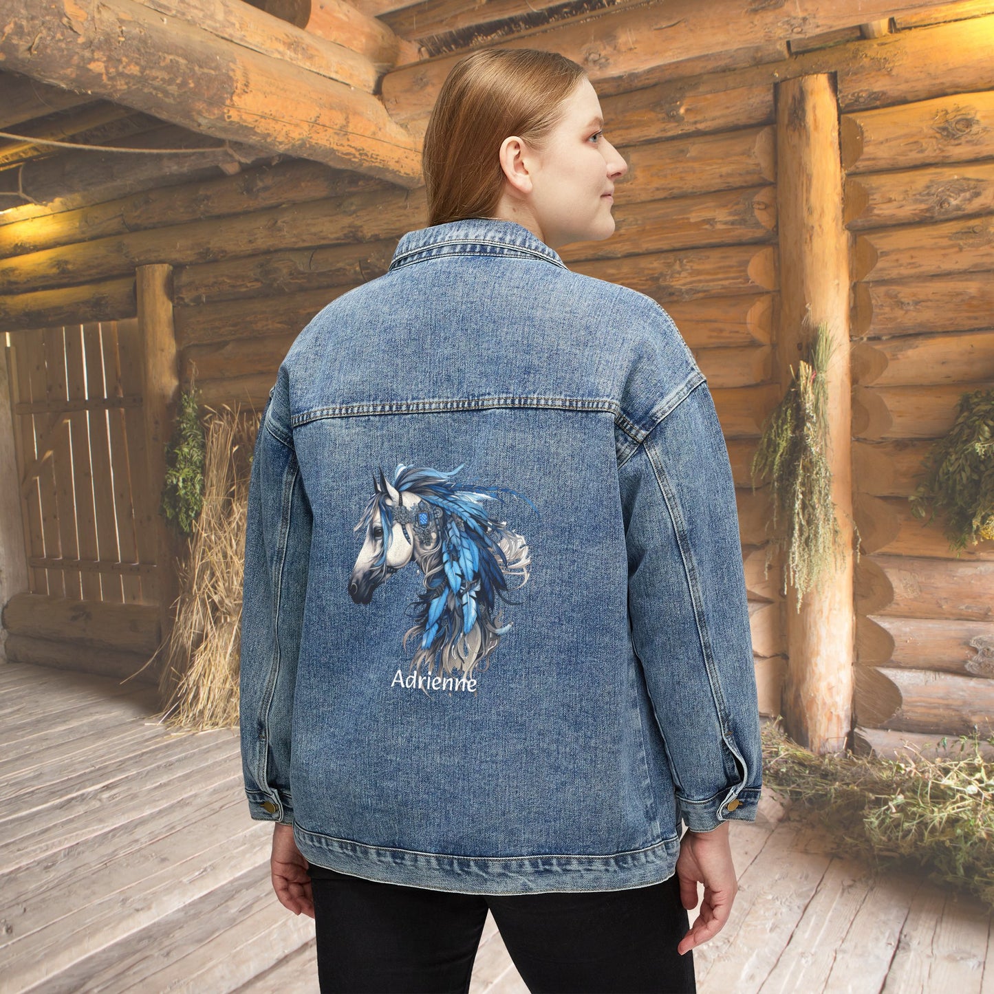 Women's Spirit Horse Jean Jacket, Cotton Denim Horse Printed Barn Coat - FlooredByArt