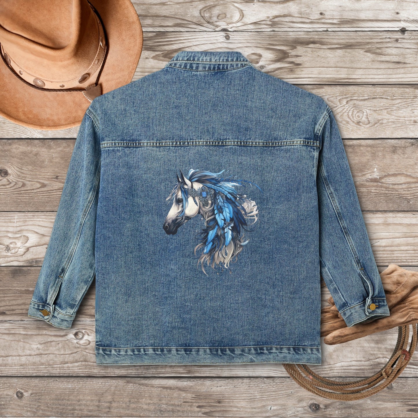 Women's Spirit Horse Jean Jacket, Cotton Denim Horse Printed Barn Coat - FlooredByArt