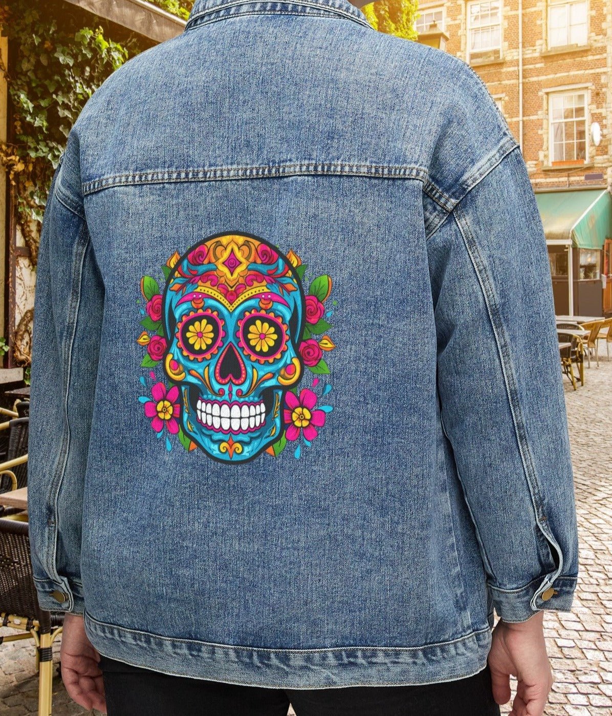 Women's Sugar Skull Blue Jean Jacket, Cotton Denim Day of the Dead Floral Skull - FlooredByArt