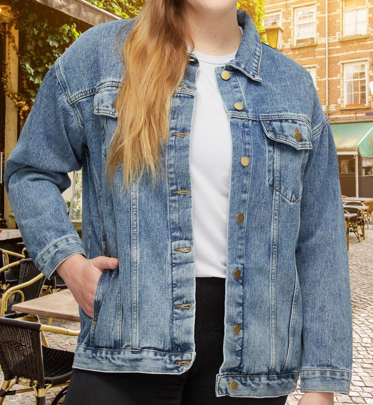 Women's Sugar Skull Blue Jean Jacket, Cotton Denim Day of the Dead Floral Skull - FlooredByArt