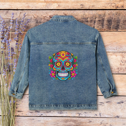 Women's Sugar Skull Blue Jean Jacket, Cotton Denim Day of the Dead Floral Skull - FlooredByArt