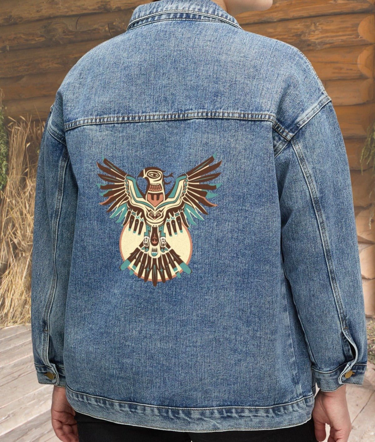Women's Thunderbird Jean Jacket, Cotton Denim Native American Style Spirit - FlooredByArt