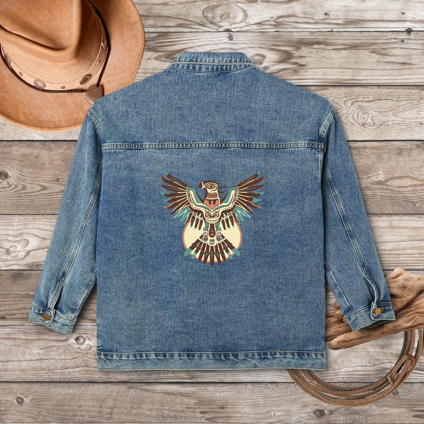 Women's Thunderbird Jean Jacket, Cotton Denim Native American Style Spirit - FlooredByArt