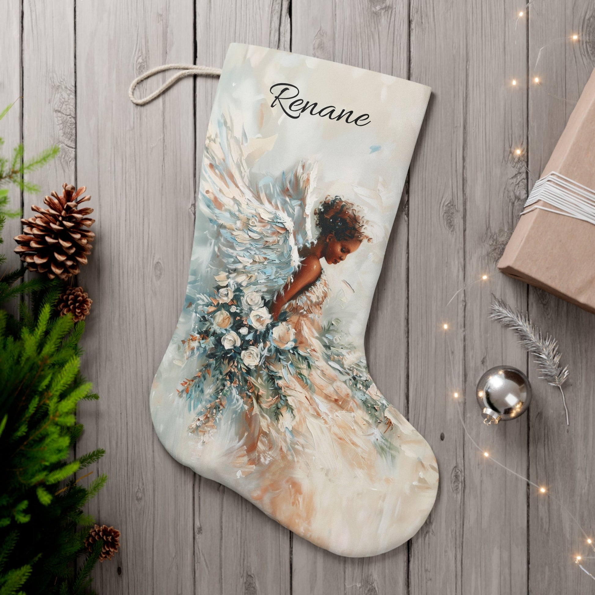 XLarge Angel Christmas stocking, Beautiful African American Stocking Family Gift - FlooredByArt